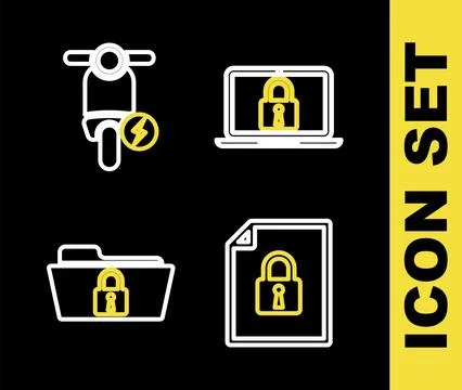 Set line Laptop and lock, Document, Folder and Electric scooter icon. Vector Illustrazione stock
