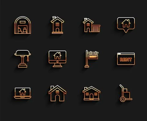 Set line Laptop and smart home, House, Warehouse, Hand truck boxes, Computer Stock Illustration