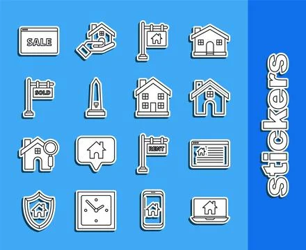 Set line Laptop and smart home, Hanging sign with text Online Sale, House Stock Illustration