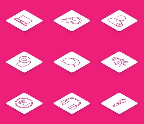 Set line Laptop, Arrow cursor, Add friend, Head people with play button, Speech 库存插图