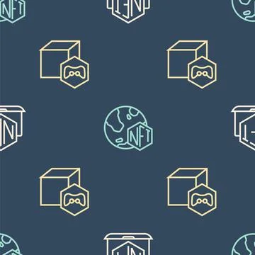 Set line Laptop with art store app, NFT Digital crypto and on seamless pattern Illustrazione stock