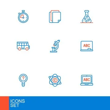Set line Laptop, Atom, Unknown search, Chalkboard, School Bus, Microscope, .. Stock Illustration