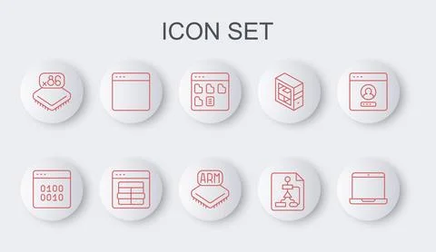 Set line Laptop, Binary code, Browser files, Flowchart, Processor with micr.. Stock Illustration