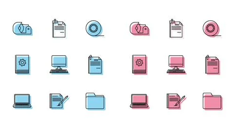 Set line Laptop, Blank notebook and pen, Scotch, Document folder, Computer Stock Illustration