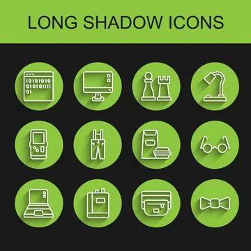 Set line Laptop, Book, Binary code, Waist bag of banana, Bow tie, Pants with Stock Illustration