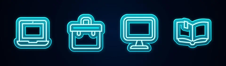 Set line Laptop, Briefcase, Computer monitor and Open book. Glowing neon ic.. Illustrazione stock