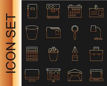 Set line Laptop, Briefcase, Table lamp, Calendar, Document folder, Trash ca.. Stock-Illustration