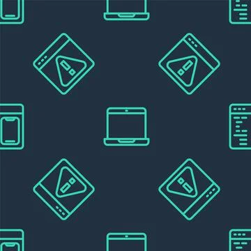 Set line Laptop, Browser with exclamation mark and Software on seamless pattern Stock Illustration