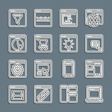 Set line Laptop with browser window, Web developer programming code, New chat Stock Illustration