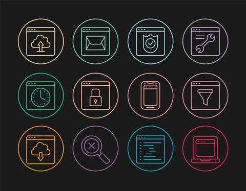 Set line Laptop with browser window, Browser, shield, Secure your site HTTPS Illustration