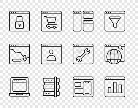 Set line Laptop with browser window, Graph chart infographic, Browser, Server Illustrazione stock