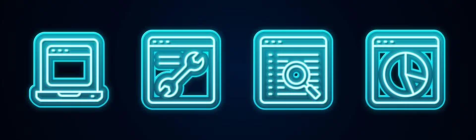 Set line Laptop with browser window, Browser setting, Search engine and Graph Illustrazione stock