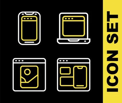 Set line Laptop with browser window, Web developer programming code, Photo Stock Illustration