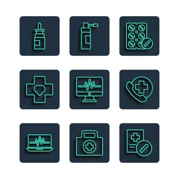 Set line Laptop with cardiogram, First aid kit, Medical prescription, Pills in Stock Illustration