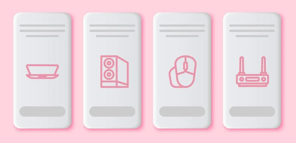 Set line Laptop, Case of computer, Computer mouse and Router and wi-fi signal Stock Illustration