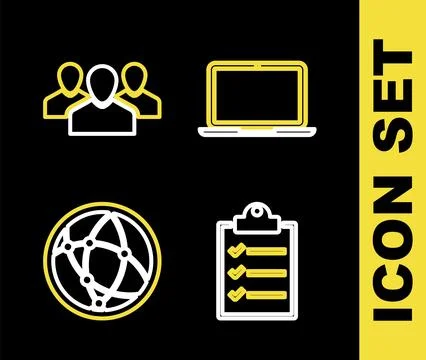 Set line Laptop, Clipboard with checklist, Social network and Users group i.. 스톡 일러스트