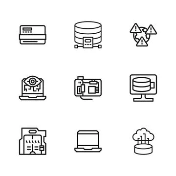 Set line Laptop, Cloud database, Network cloud connection, Motherboard, Ear.. Stockillustratie
