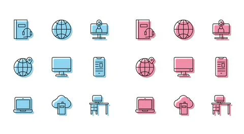 Set line Laptop, Cloud or online library, Audio book, Computer monitor and desk イラスト素材