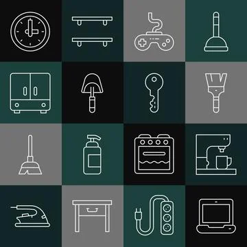 Set line Laptop, Coffee machine, Paint brush, Gamepad, Spatula, Wardrobe, Clock Stock Illustration