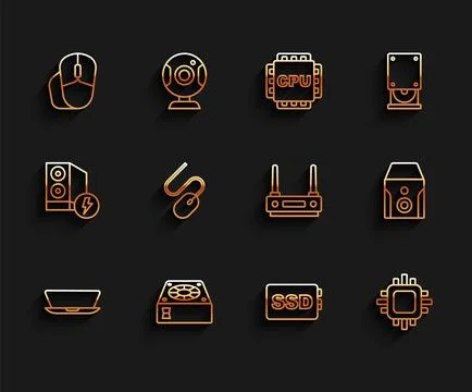 Set line Laptop, Computer cooler, mouse, SSD card, Processor with CPU 스톡 일러스트