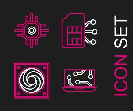 Set line Laptop, Computer cooler, Sim card and Processor icon. Vector Stock Illustration