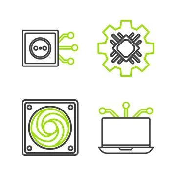 Set line Laptop, Computer cooler, Processor and Remote control icon. Vector Illustrazione stock