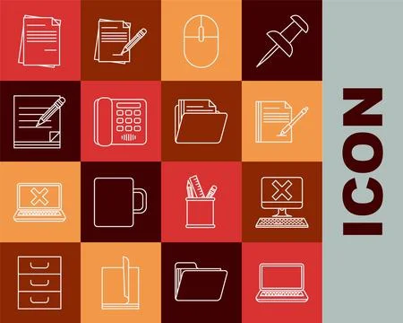 Set line Laptop, Computer with keyboard and x mark, Blank notebook pen, mouse Stock Illustration