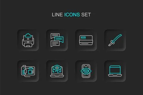 Set line Laptop, Computer vision, Motherboard, Katana, Credit card, Speech .. Stock Illustration