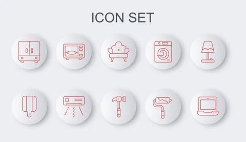 Set line Laptop, Cutting board, Sofa, Paint roller brush, Wardrobe, Microwave Stock Illustration