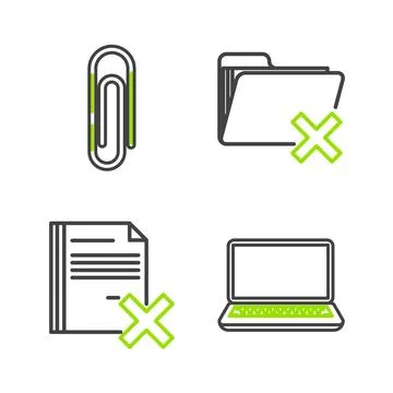 Set line Laptop, Delete file document, folder and Paper clip icon. Vector Stock Illustration