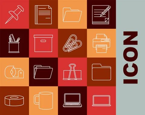 Set line Laptop, Document folder, Printer, Carton cardboard box, Pencil case Stock Illustration