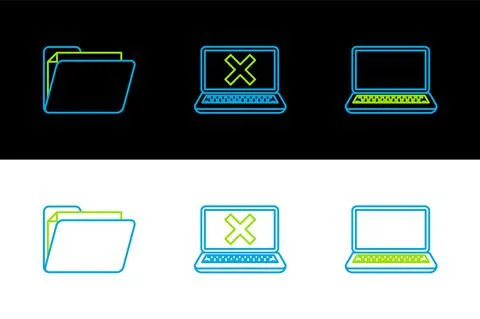 Set line Laptop, Document folder and and cross mark on screen icon. Vector Stock Illustration