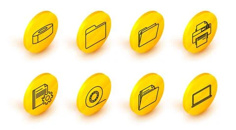 Set line Laptop, Document folder, Scotch, settings with gears, Printer, and icon Stock Illustration