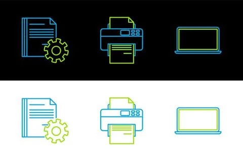 Set line Laptop, Document settings with gears and Printer icon. Vector Illustrazione stock