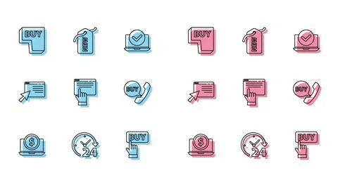 Set line Laptop with dollar, Clock 24 hours, Buy button, Online shopping screen Stock Illustration