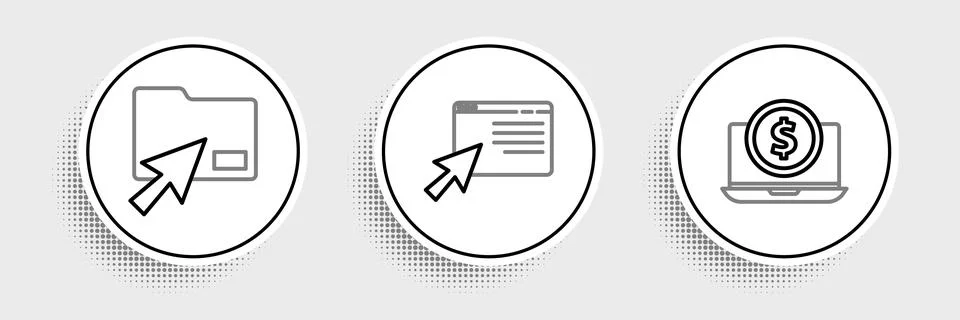Set line Laptop with dollar, Cursor click document folder and Online shopping Stock-Illustration
