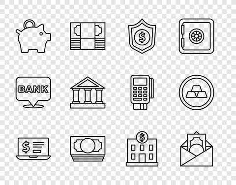 Set line Laptop with dollar, Envelope symbol, Shield, Stacks paper money cash Stock Illustration
