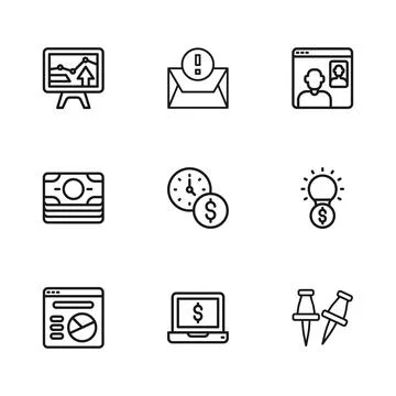 Set line Laptop with dollar, Light bulb, Push pin, Time is money, Video cha.. Stockillustratie