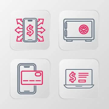 Set line Laptop with dollar, Mobile banking, Safe and Smartphone icon. Vector Stock Illustration