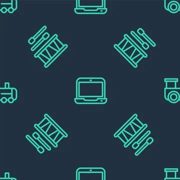 Set line Laptop, Drum with drum sticks and Toy train on seamless pattern. V.. Stock Illustration