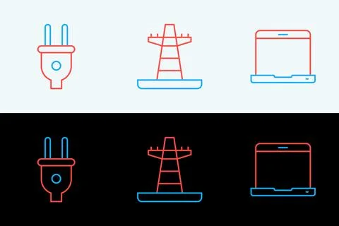 Set line Laptop, Electric plug and tower line icon. Vector Stockillustratie