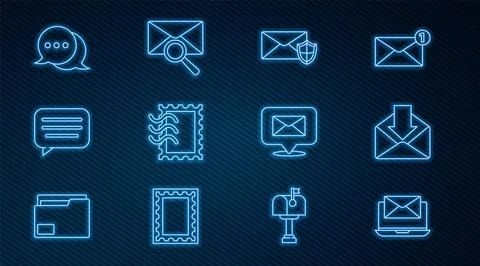 Set line Laptop with envelope, Envelope, shield, Postal stamp, Speech bubble Stock Illustration