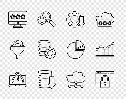 Set line Laptop with exclamation mark, SSL, Cost reduction, Server, Data, Web Stock Illustration