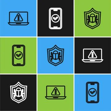 Set line Laptop with exclamation mark, System bug and Smartphone icon. Vector 库存插图