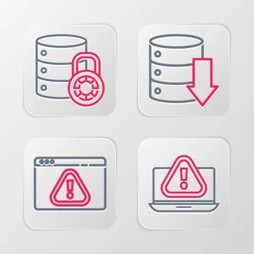 Set line Laptop with exclamation mark, Browser, Server, Data, Web Hosting and Illustrazione stock
