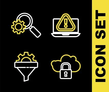 Set line Laptop with exclamation mark, Cloud computing lock, Sales funnel g.. Illustrazione stock