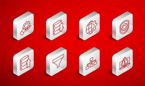 Set line Laptop with exclamation mark, Server, Data, Web Hosting, Globe of .. Stock Illustration
