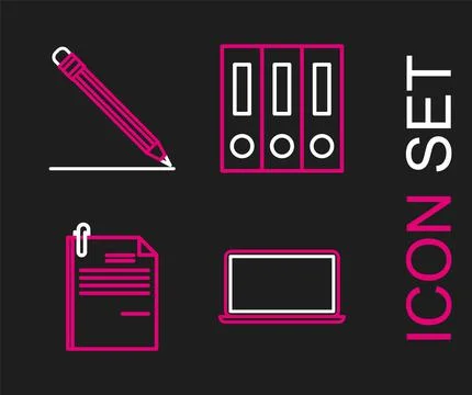 Set line Laptop, File document and paper clip, Office folders with papers doc Stock Illustration