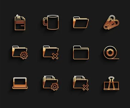 Set line Laptop, Folder settings with gears, Note paper pinned pushbutton Stock Illustration