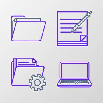 Set line Laptop, Folder settings with gears, Blank notebook and pen and Doc.. Stock Illustration
